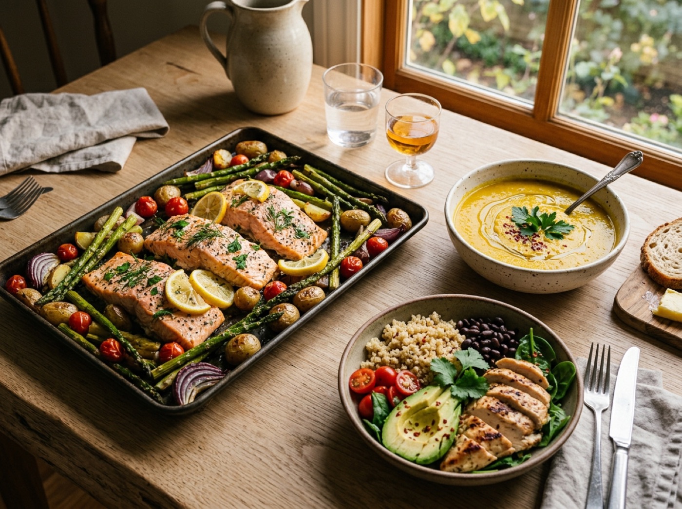 Simple nourishing dinner plates with salmon, grains and vegetables